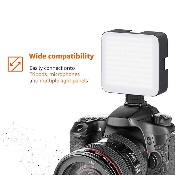 Camera Video Light with Clip and 3 Cold Shoe Connectors | 120 LED Beads | Dimmable and Rechargeable Battery |